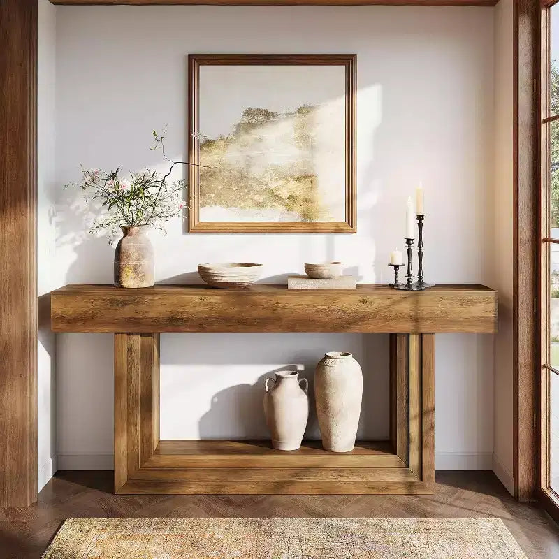 Console Lantine 63, Table d'entrée à 2 niveaux avec base en U, Table de style ferme à placer derrière le canapé pour salon ou couloir
