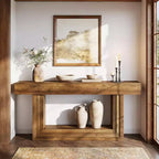 Console Lantine 63, Table d'entrée à 2 niveaux avec base en U, Table de style ferme à placer derrière le canapé pour salon ou couloir