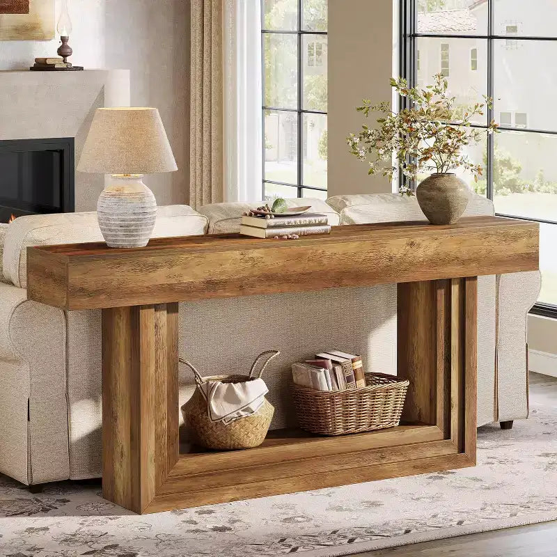 Console Lantine 63, Table d'entrée à 2 niveaux avec base en U, Table de style ferme à placer derrière le canapé pour salon ou couloir