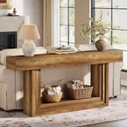 Console Lantine 63, Table d'entrée à 2 niveaux avec base en U, Table de style ferme à placer derrière le canapé pour salon ou couloir