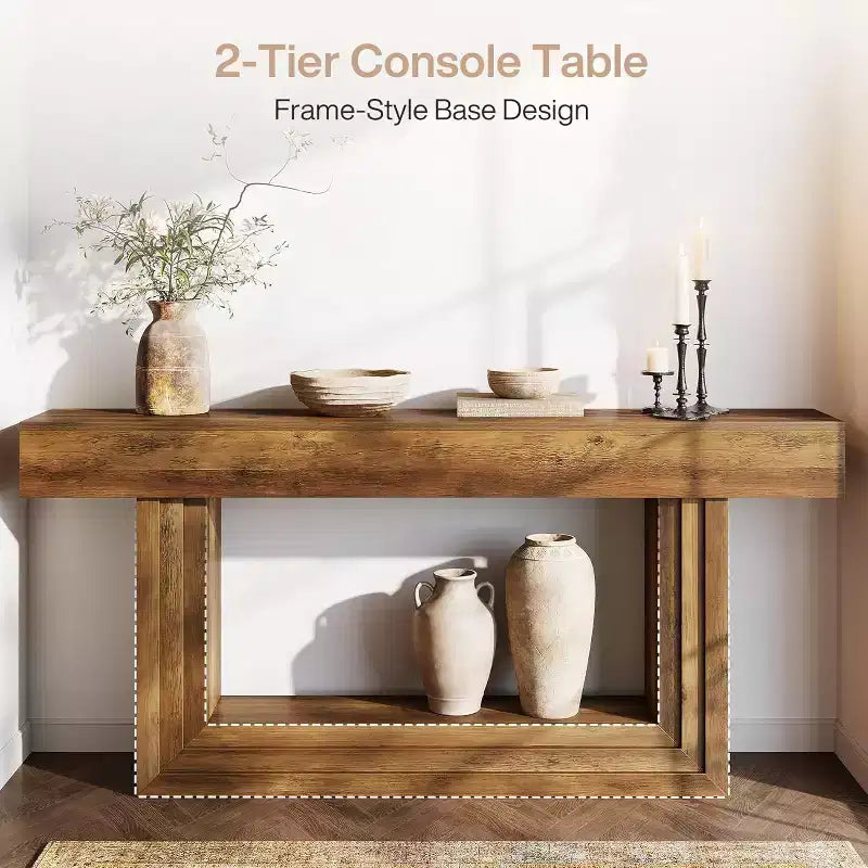 Console Lantine 63, Table d'entrée à 2 niveaux avec base en U, Table de style ferme à placer derrière le canapé pour salon ou couloir