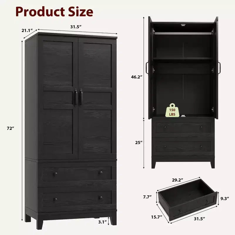 Armoire de chambre GustoWave 72 en bois, avec 2 tiroirs, tringle à vêtements et étagère réglable, meuble de rangement robuste