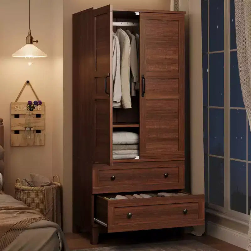 Armoire de chambre GustoWave 72 en bois, avec 2 tiroirs, tringle à vêtements et étagère réglable, meuble de rangement robuste