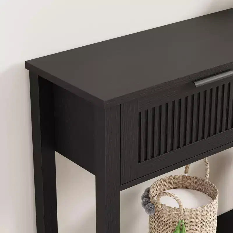 Console d'entrée de ferme cannelée, 2 tiroirs, étagère de rangement, table d'appoint étroite en bois pour salon, couloir ou hall, noire