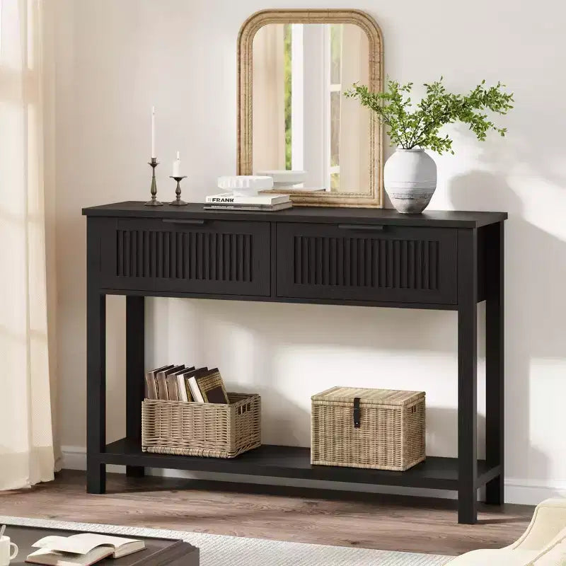 Console d'entrée de ferme cannelée, 2 tiroirs, étagère de rangement, table d'appoint étroite en bois pour salon, couloir ou hall, noire