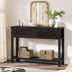Console d'entrée de ferme cannelée, 2 tiroirs, étagère de rangement, table d'appoint étroite en bois pour salon, couloir ou hall, noire