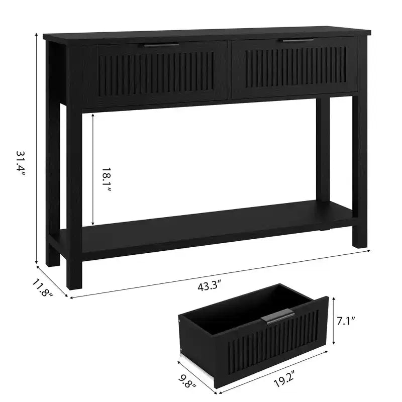 Console d'entrée de ferme cannelée, 2 tiroirs, étagère de rangement, table d'appoint étroite en bois pour salon, couloir ou hall, noire