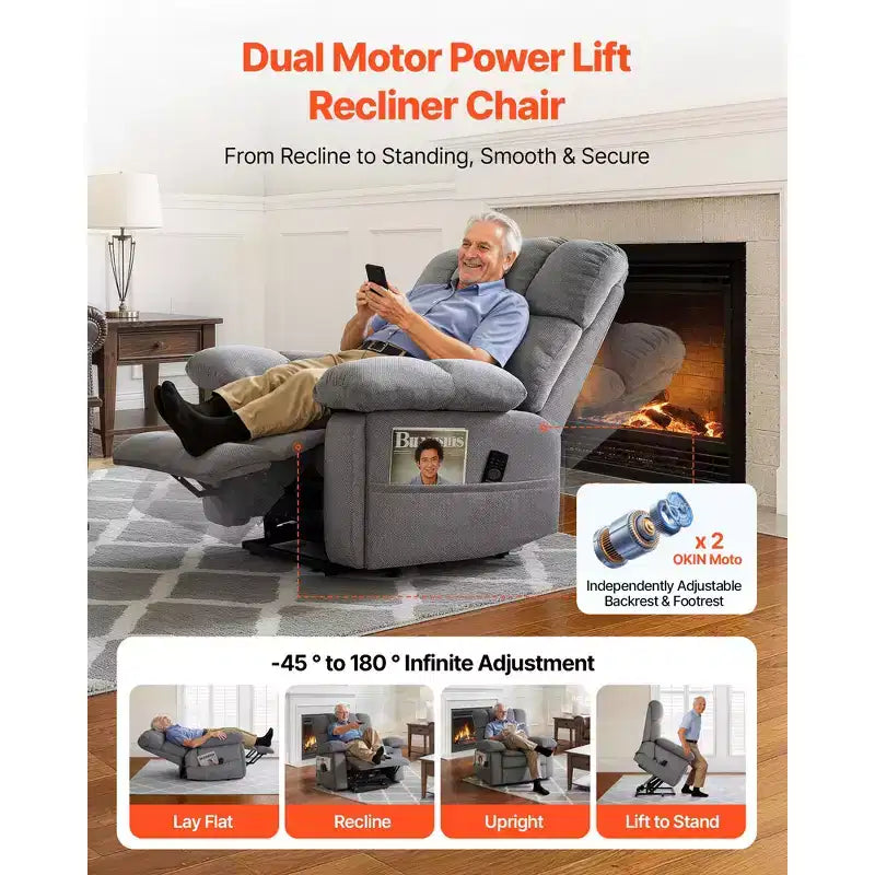 Fauteuil Inclinable Électrique VEVOR, Double Moteur, Fauteuil Roulant Électrique Surdimensionné avec Chaleur et Massage, Réglage Infini des Positions, Gris Clair