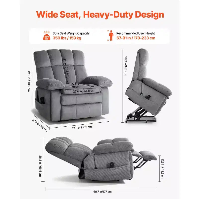 Fauteuil Inclinable Électrique VEVOR, Double Moteur, Fauteuil Roulant Électrique Surdimensionné avec Chaleur et Massage, Réglage Infini des Positions, Gris Clair