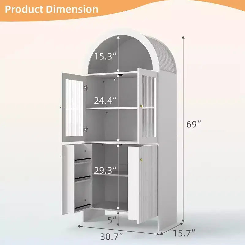 Zevemomo 69 Armoire de rangement haute arquée à 5 niveaux avec lumières pour cuisine, salon, salle à manger, garde-manger, salle de bain blanche