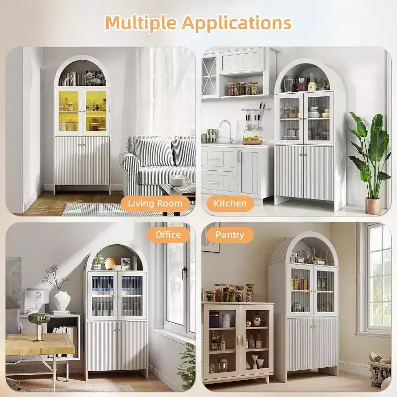 Zevemomo 69 Armoire de rangement haute arquée à 5 niveaux avec lumières pour cuisine, salon, salle à manger, garde-manger, salle de bain blanche