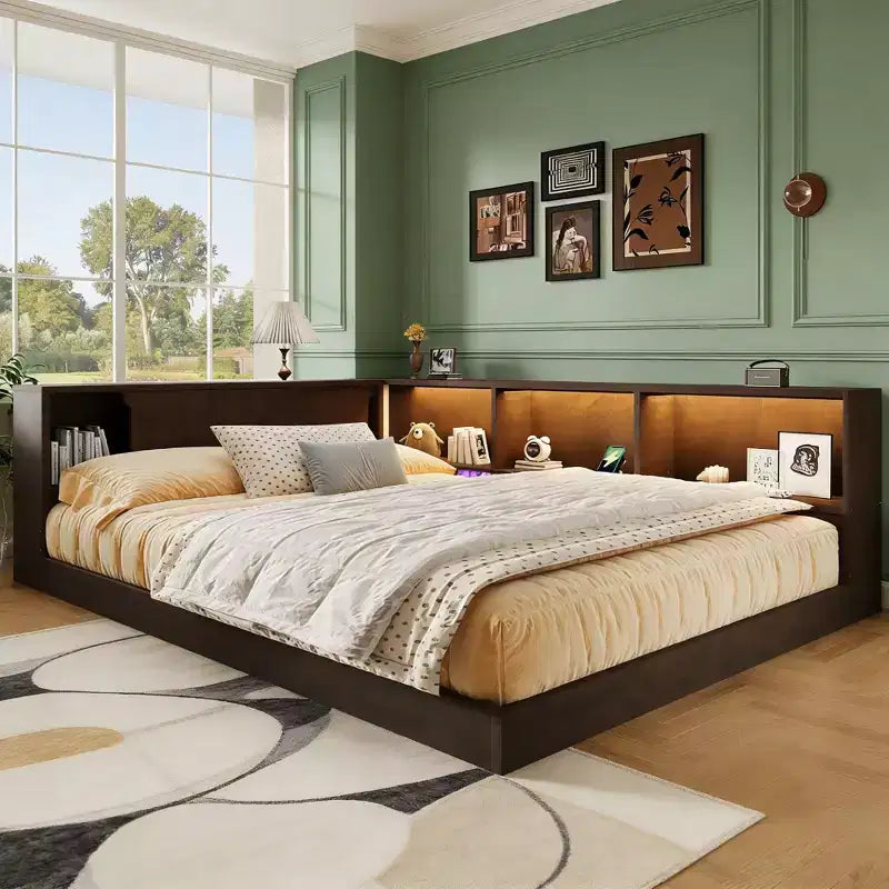 Lit de repos moderne Queen Luxystar avec 5 étagères de rangement, prises et lumière