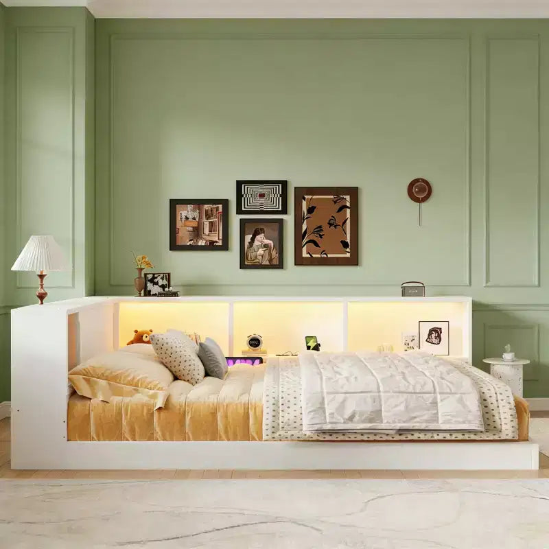 Lit de repos moderne Queen Luxystar avec 5 étagères de rangement, prises et lumière