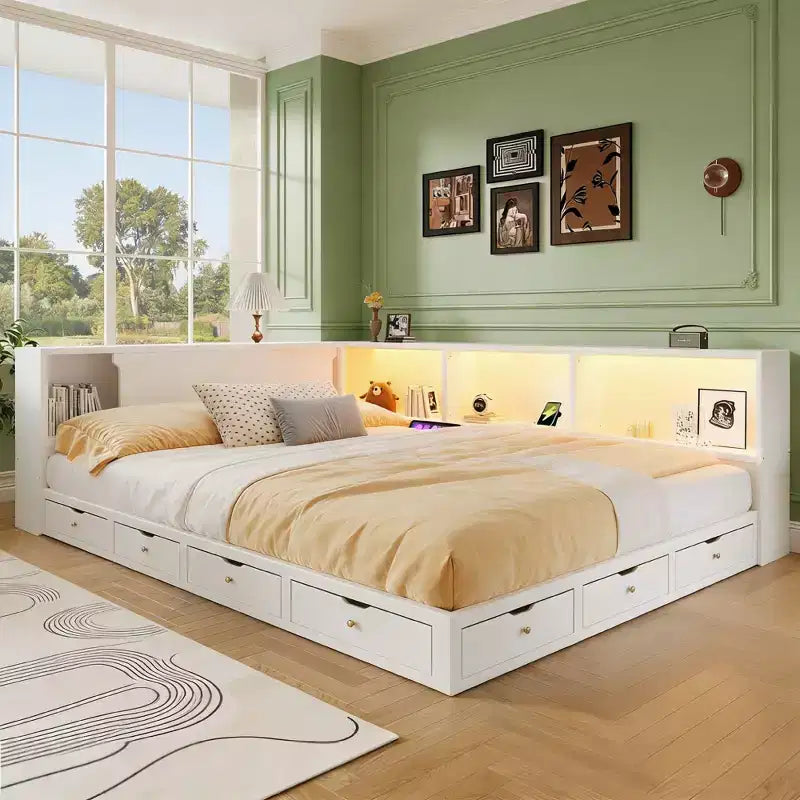 Lit de repos moderne Queen Luxystar avec 5 étagères de rangement, prises et lumière