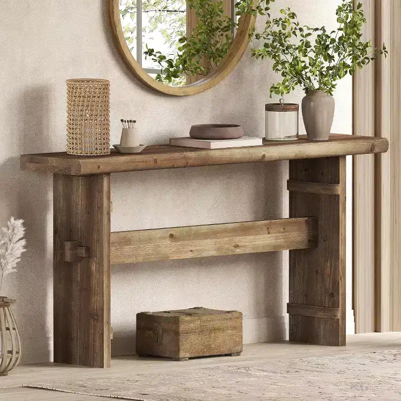 Lantine 63-Inch Solid Wood Console Table for Entryway, Long Sofa Table Behind Couch, for Foyer, Hallway, Living Room, Easy Asswmbly, Brown Greige