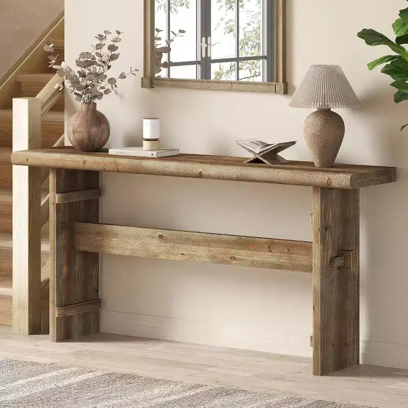 Console Lantine de 63 pouces en bois massif pour entrée, longue table de canapé derrière le canapé, pour hall d'entrée, couloir, salon, montage facile, brun grège