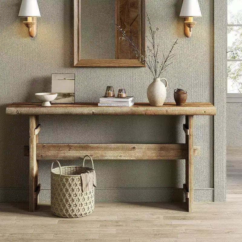 Console Lantine de 63 pouces en bois massif pour entrée, longue table de canapé derrière le canapé, pour hall d'entrée, couloir, salon, montage facile, brun grège