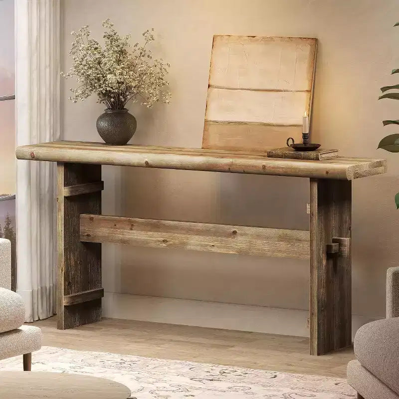 Console Lantine de 63 pouces en bois massif pour entrée, longue table de canapé derrière le canapé, pour hall d'entrée, couloir, salon, montage facile, brun grège
