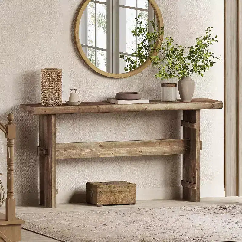 Console Lantine de 63 pouces en bois massif pour entrée, longue table de canapé derrière le canapé, pour hall d'entrée, couloir, salon, montage facile, brun grège