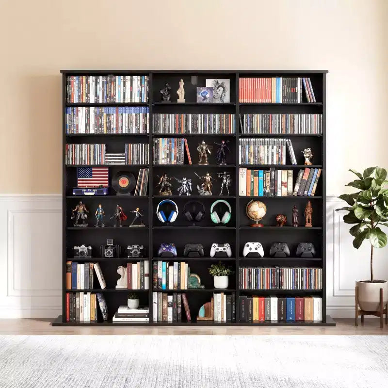 Meuble de rangement pour médias VEVOR, étagère DVD à 8 niveaux, organisateur de rangement multimédia 142 x 22 x 130 cm pour CD, DVD, livres et jeux, noir