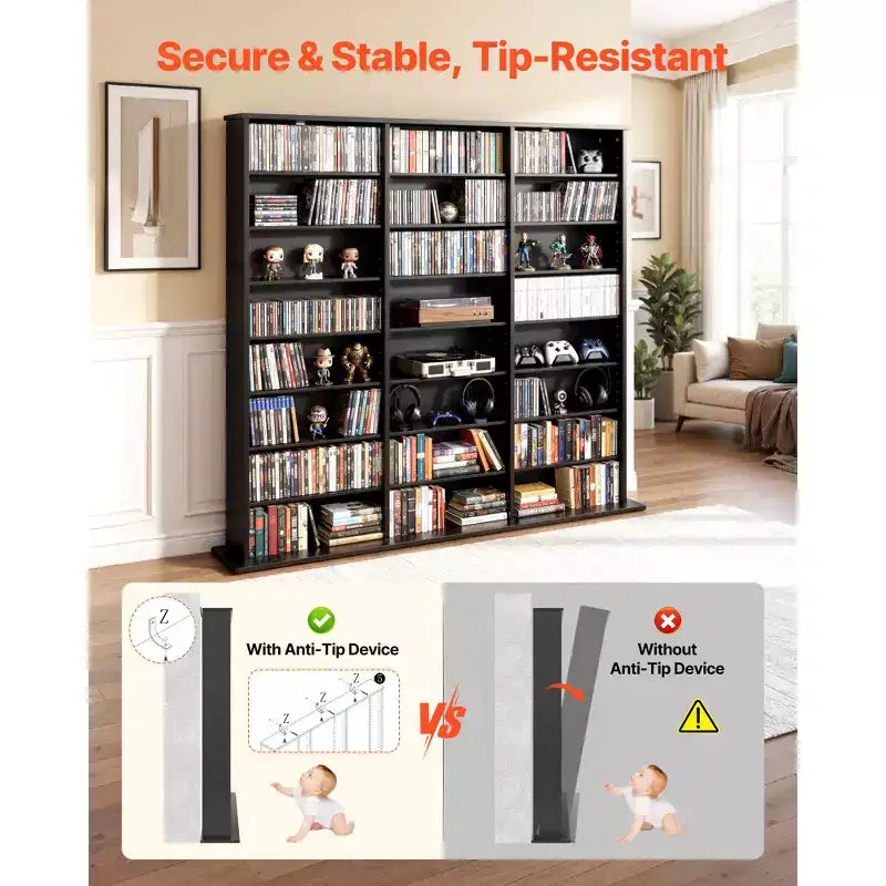 Meuble de rangement pour médias VEVOR, étagère DVD à 8 niveaux, organisateur de rangement multimédia 142 x 22 x 130 cm pour CD, DVD, livres et jeux, noir