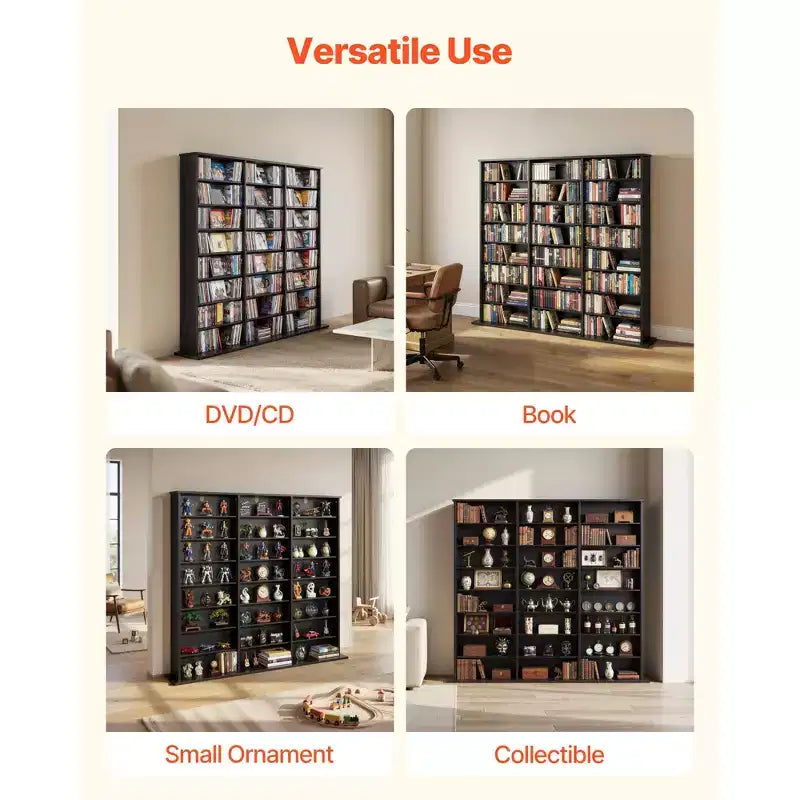 Meuble de rangement pour médias VEVOR, étagère DVD à 8 niveaux, organisateur de rangement multimédia 142 x 22 x 130 cm pour CD, DVD, livres et jeux, noir