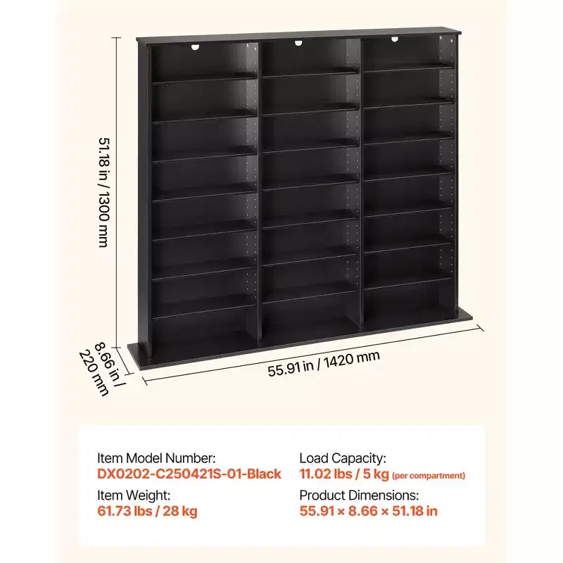 Meuble de rangement pour médias VEVOR, étagère DVD à 8 niveaux, organisateur de rangement multimédia 142 x 22 x 130 cm pour CD, DVD, livres et jeux, noir