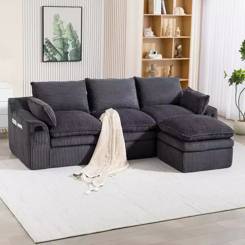 Canapé d'angle en forme de L, canapé en velours côtelé avec pouf mobile, canapé d'angle modulaire compressé pour salon - ModernLuxe