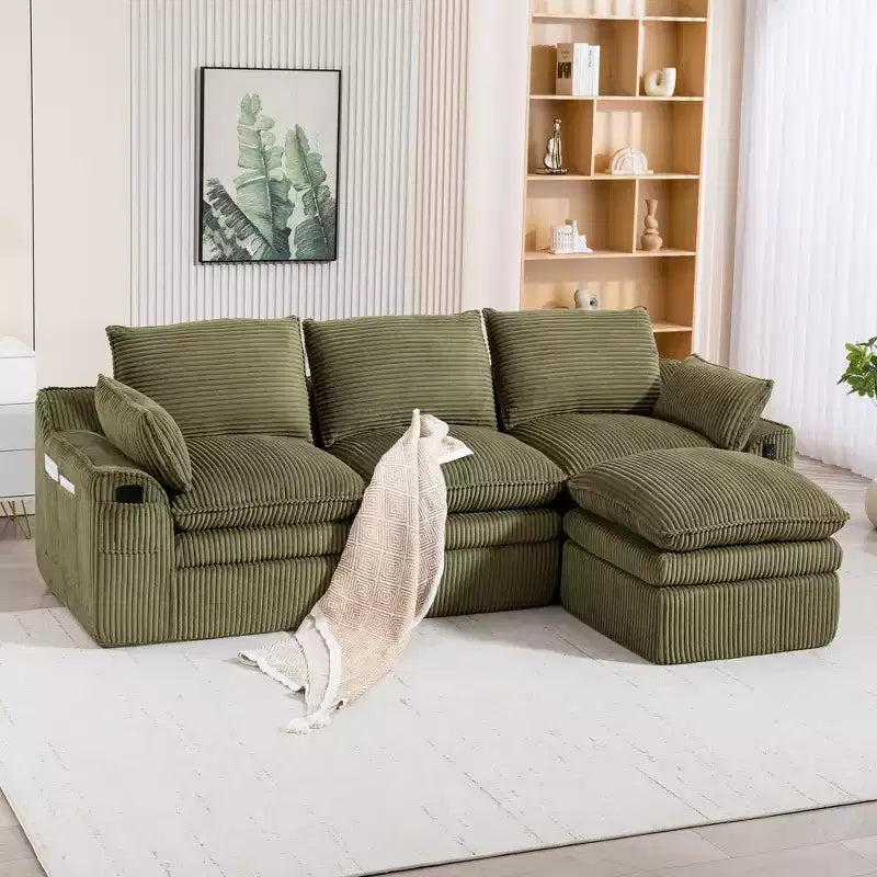 Canapé d'angle en forme de L, canapé en velours côtelé avec pouf mobile, canapé d'angle modulaire compressé pour salon - ModernLuxe