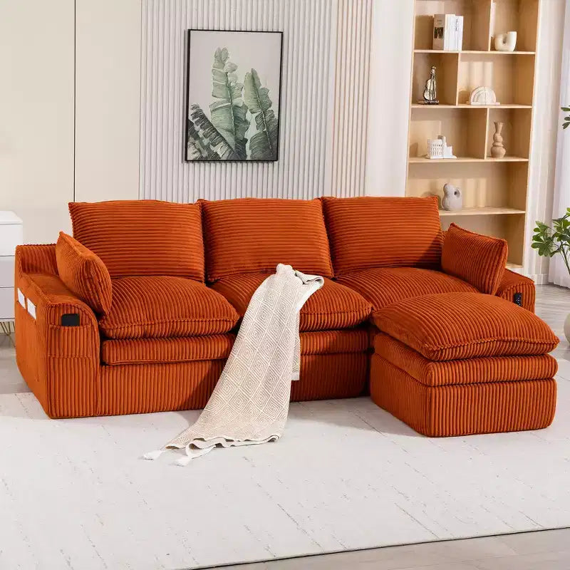 Canapé d'angle en forme de L, canapé en velours côtelé avec pouf mobile, canapé d'angle modulaire compressé pour salon - ModernLuxe