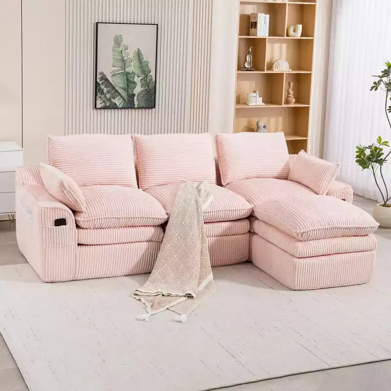 Canapé d'angle en forme de L, canapé en velours côtelé avec pouf mobile, canapé d'angle modulaire compressé pour salon - ModernLuxe