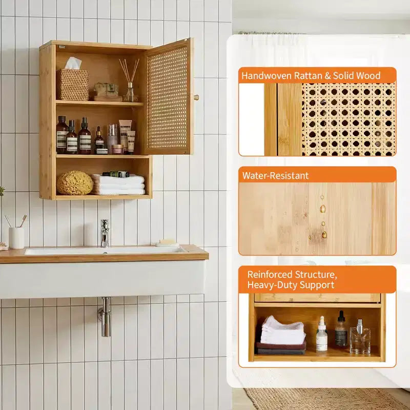 COZONY 24 Armoire murale de ferme en rotin avec portes tressées, organiseur de rangement de salle de bain en bois à 3 niveaux pour les toilettes et la cuisine