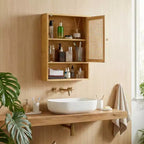 COZONY 24 Armoire murale de ferme en rotin avec portes tressées, organiseur de rangement de salle de bain en bois à 3 niveaux pour les toilettes et la cuisine