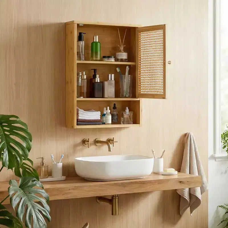 COZONY 24 Armoire murale de ferme en rotin avec portes tressées, organiseur de rangement de salle de bain en bois à 3 niveaux pour les toilettes et la cuisine