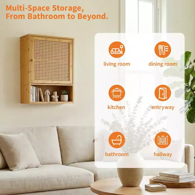 COZONY 24 Armoire murale de ferme en rotin avec portes tressées, organiseur de rangement de salle de bain en bois à 3 niveaux pour les toilettes et la cuisine