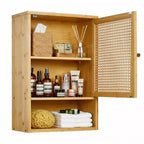 COZONY 24 Armoire murale de ferme en rotin avec portes tressées, organiseur de rangement de salle de bain en bois à 3 niveaux pour les toilettes et la cuisine