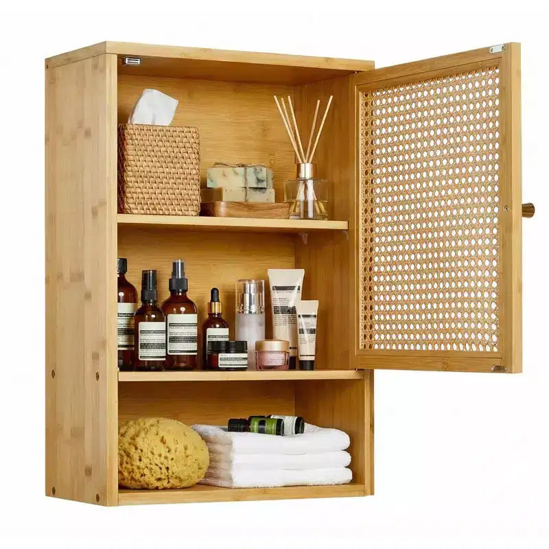 COZONY 24 Armoire murale de ferme en rotin avec portes tressées, organiseur de rangement de salle de bain en bois à 3 niveaux pour les toilettes et la cuisine