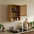 COZONY 24 Armoire murale de ferme en rotin avec portes tressées, organiseur de rangement de salle de bain en bois à 3 niveaux pour les toilettes et la cuisine