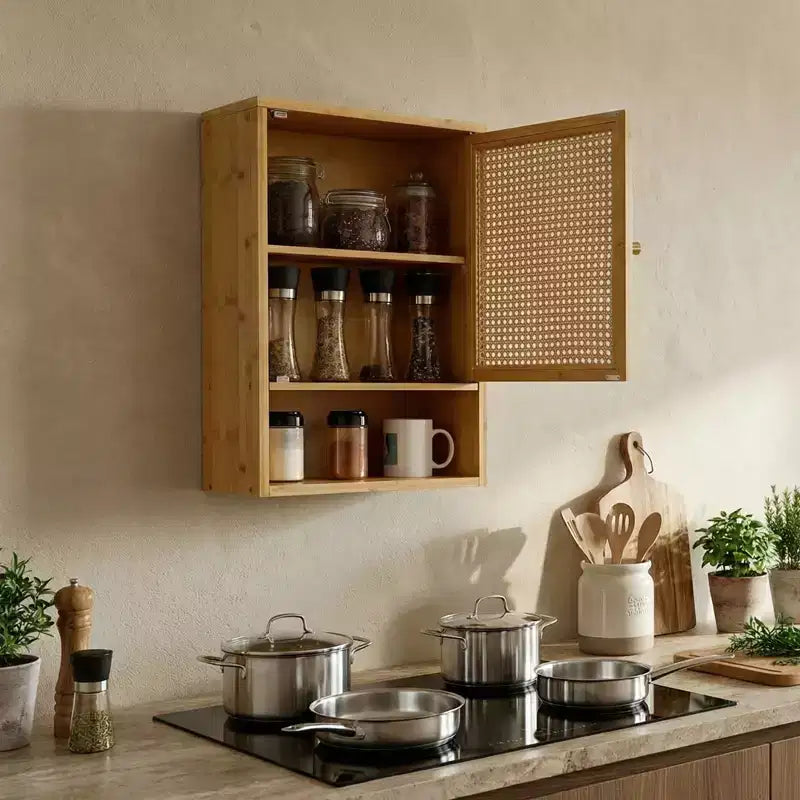 COZONY 24 Armoire murale de ferme en rotin avec portes tressées, organiseur de rangement de salle de bain en bois à 3 niveaux pour les toilettes et la cuisine