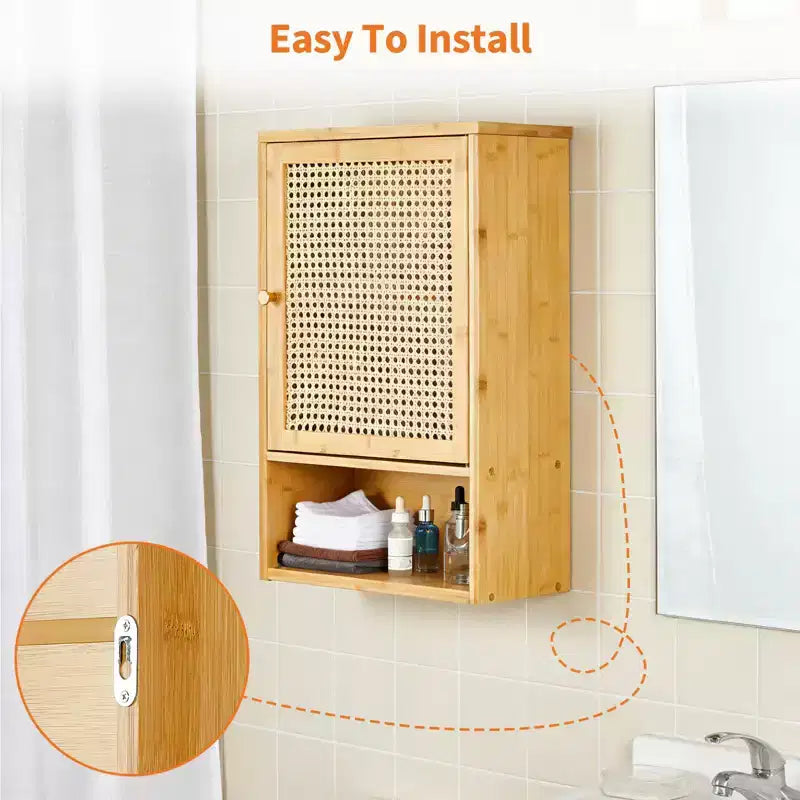 COZONY 24 Armoire murale de ferme en rotin avec portes tressées, organiseur de rangement de salle de bain en bois à 3 niveaux pour les toilettes et la cuisine