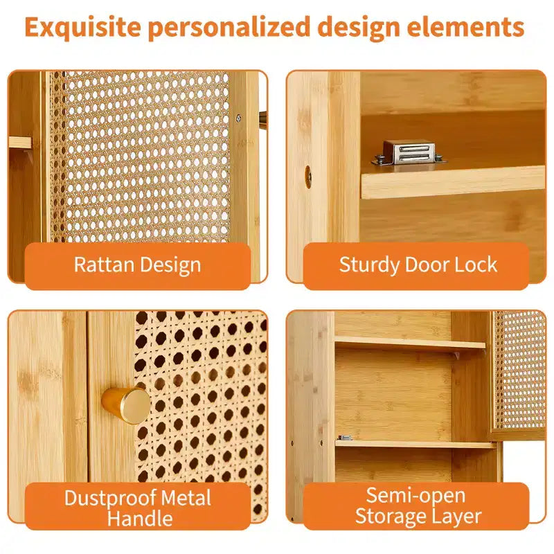 COZONY 24 Armoire murale de ferme en rotin avec portes tressées, organiseur de rangement de salle de bain en bois à 3 niveaux pour les toilettes et la cuisine