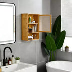 COZONY 24 Armoire murale de ferme en rotin avec portes tressées, organiseur de rangement de salle de bain en bois à 3 niveaux pour les toilettes et la cuisine