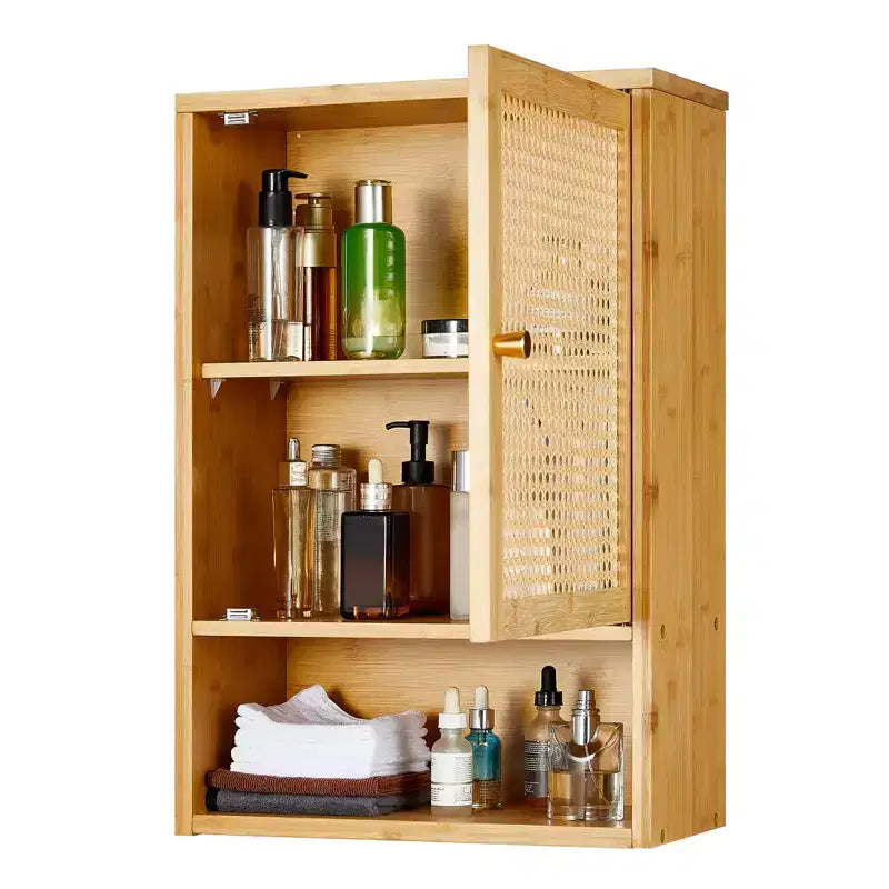 COZONY 24 Armoire murale de ferme en rotin avec portes tressées, organiseur de rangement de salle de bain en bois à 3 niveaux pour les toilettes et la cuisine