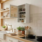 COZONY 24 Armoire murale de ferme en rotin avec portes tressées, organiseur de rangement de salle de bain en bois à 3 niveaux pour les toilettes et la cuisine