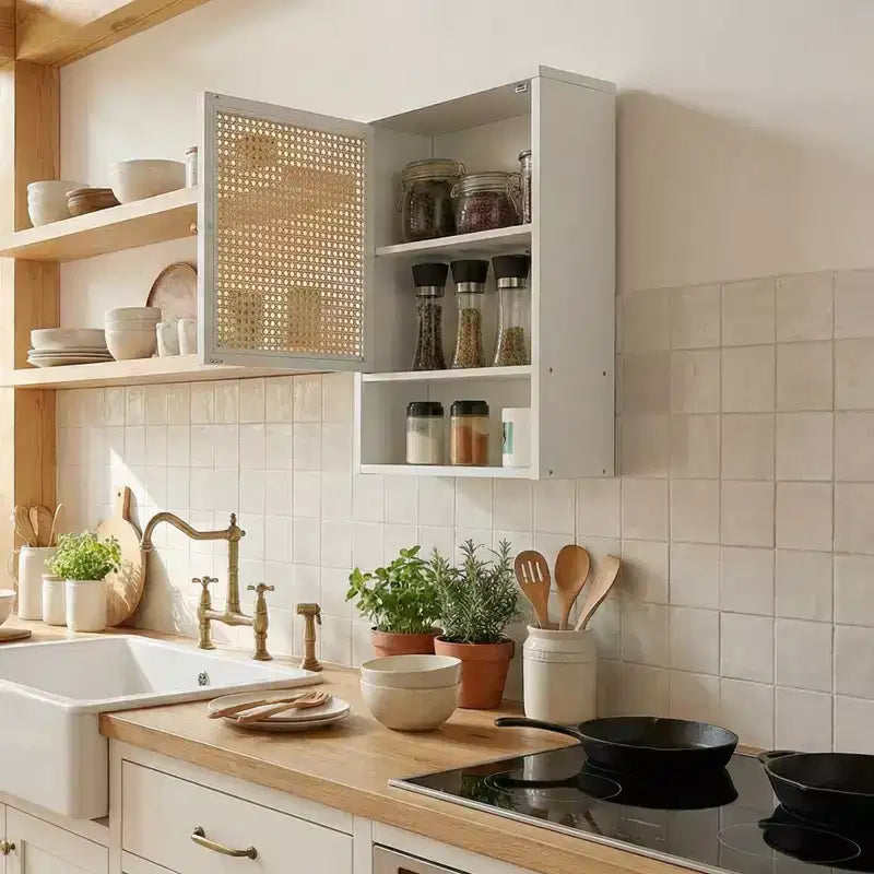 COZONY 24 Armoire murale de ferme en rotin avec portes tressées, organiseur de rangement de salle de bain en bois à 3 niveaux pour les toilettes et la cuisine