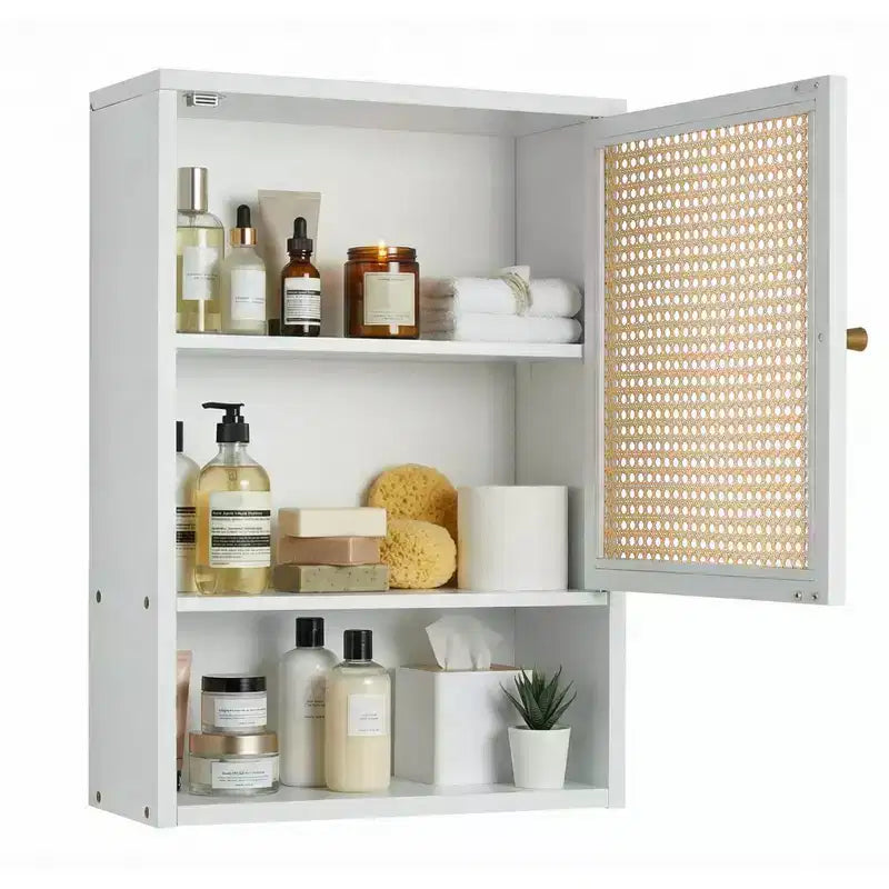 COZONY 24 Armoire murale de ferme en rotin avec portes tressées, organiseur de rangement de salle de bain en bois à 3 niveaux pour les toilettes et la cuisine