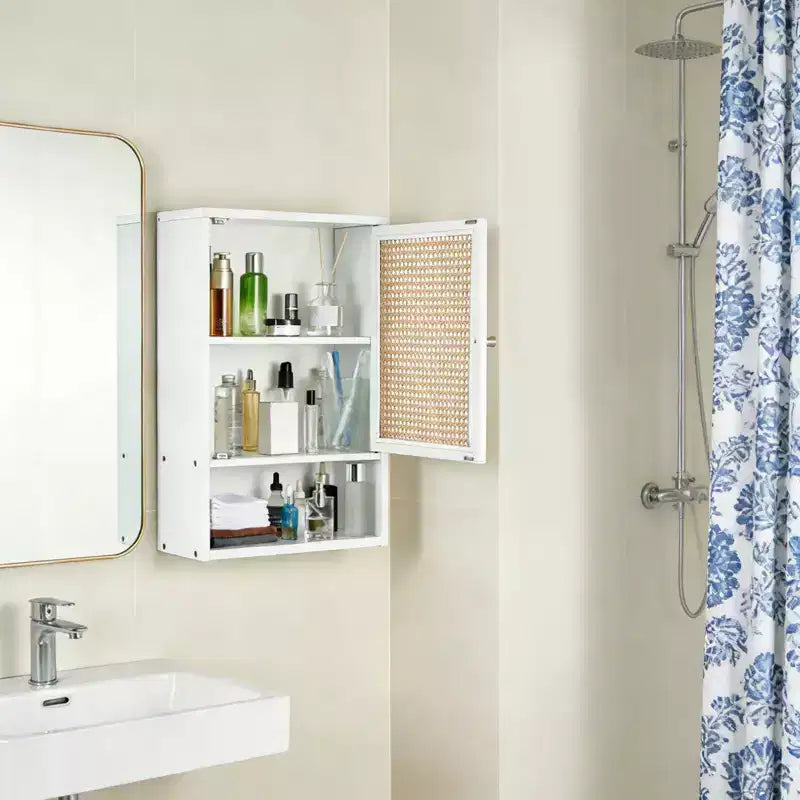 COZONY 24 Armoire murale de ferme en rotin avec portes tressées, organiseur de rangement de salle de bain en bois à 3 niveaux pour les toilettes et la cuisine