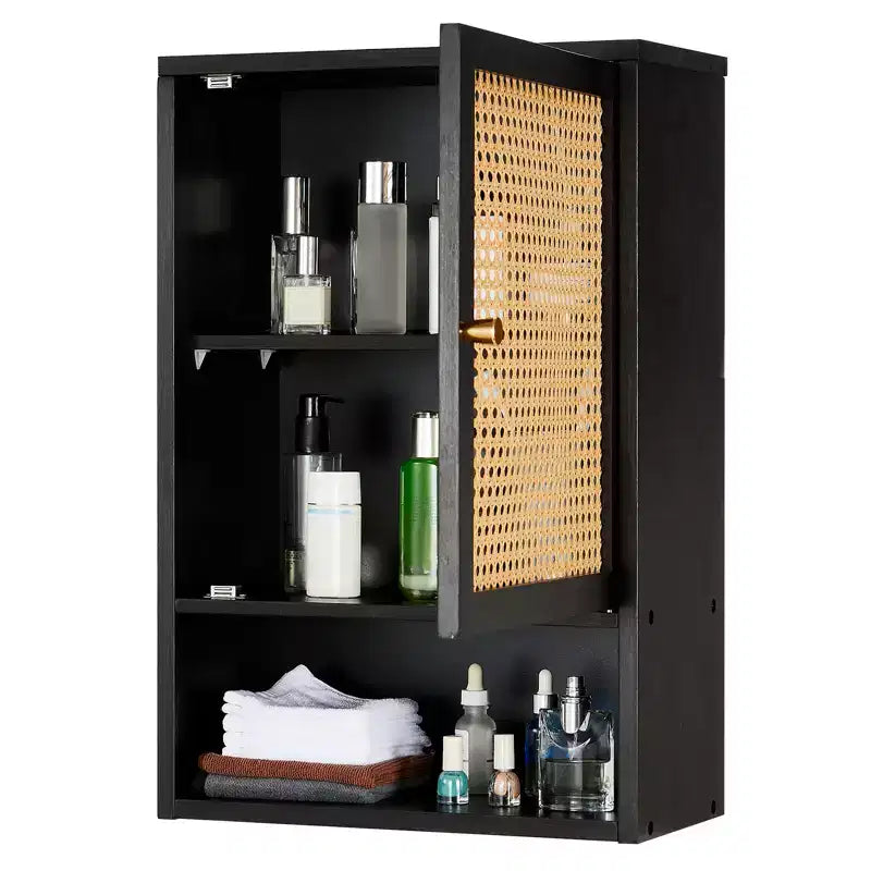 COZONY 24 Armoire murale de ferme en rotin avec portes tressées, organiseur de rangement de salle de bain en bois à 3 niveaux pour les toilettes et la cuisine