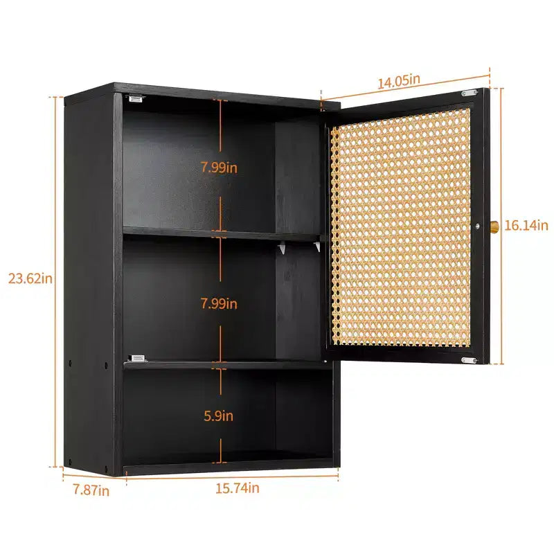 COZONY 24 Armoire murale de ferme en rotin avec portes tressées, organiseur de rangement de salle de bain en bois à 3 niveaux pour les toilettes et la cuisine