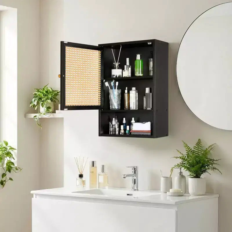 COZONY 24 Armoire murale de ferme en rotin avec portes tressées, organiseur de rangement de salle de bain en bois à 3 niveaux pour les toilettes et la cuisine